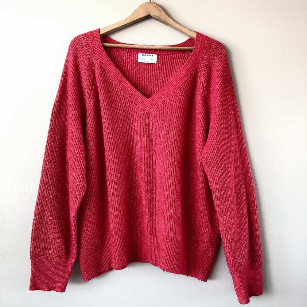 Old Navy red vneck chunky knit oversized sweater XL